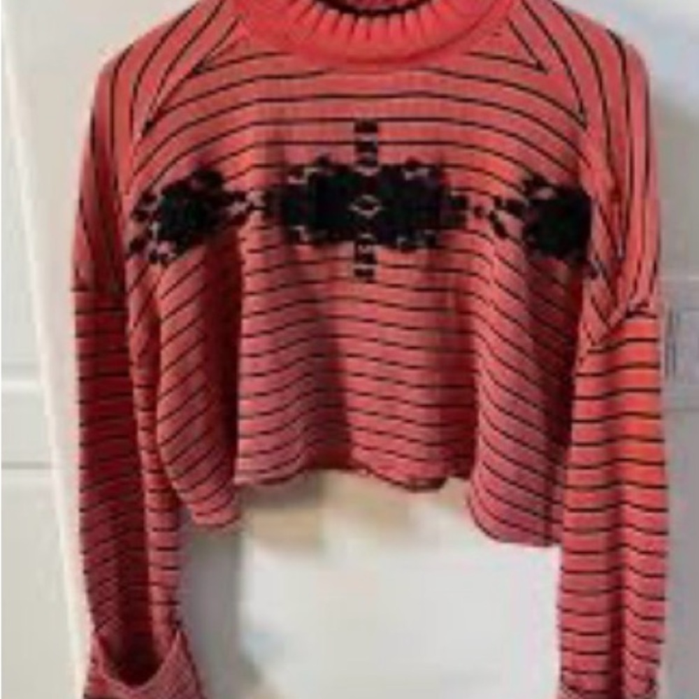 Free People "We The Free" Avalanche Striped Ribbed Cropped Oversized Tee Sz XS